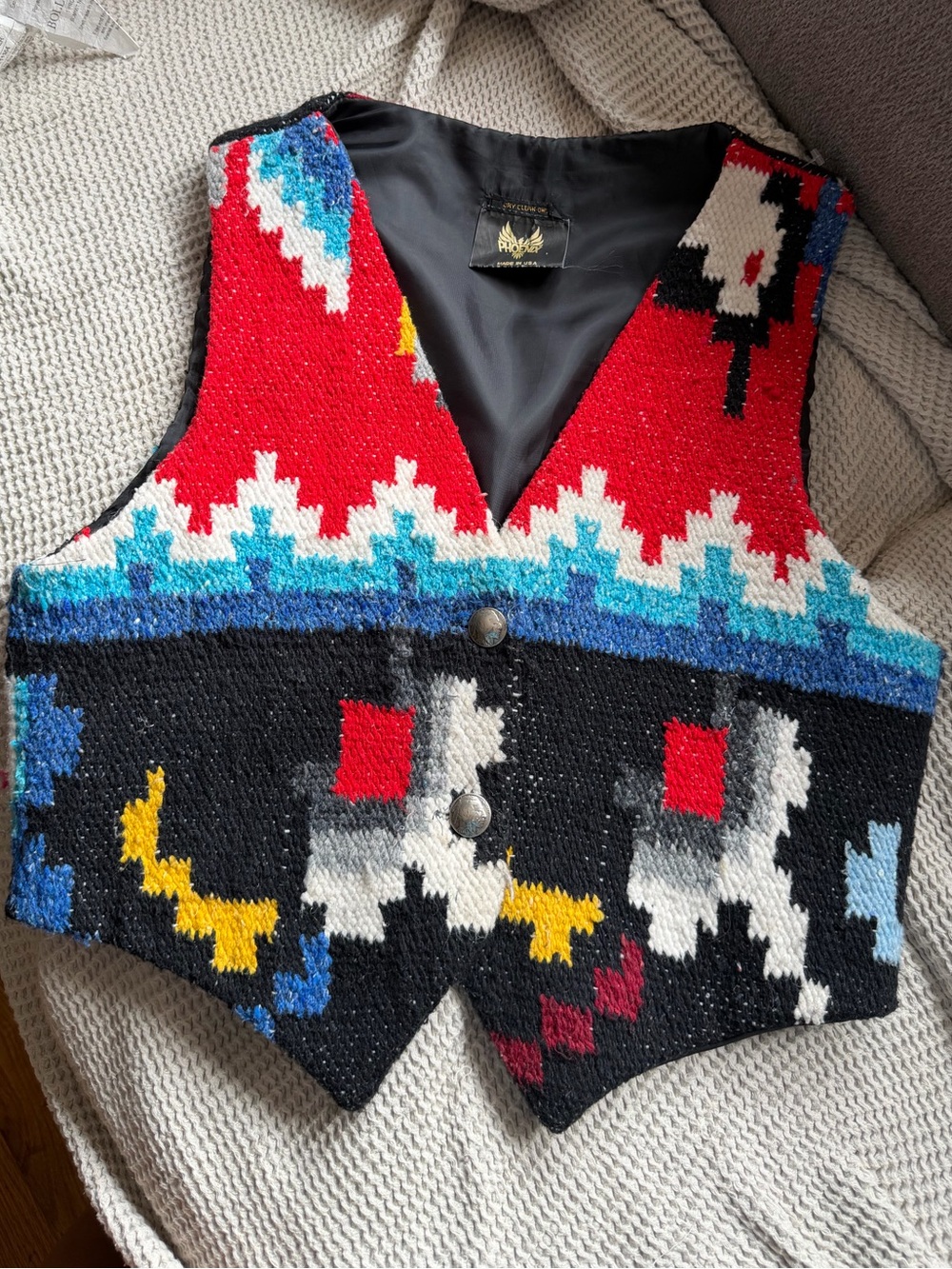 VTG Phoenix Hand Woven Wool Blanket Vest Aztec Western Pointed Boho Waistcoat.